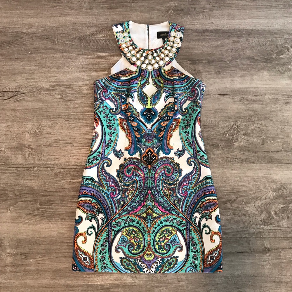 Embellished Neck Paisley Shift Dress